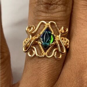 Gold Wire Wrapped Ring with Iridescent Gemstone